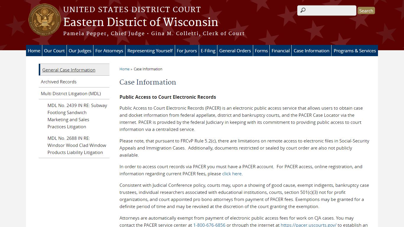 Case Information | Eastern District of Wisconsin - United States Courts